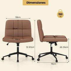 Silla de Oficina Tapizada en Cuero de PU con Ruedas Patas Cruzadas y Asiento de Gran Tamaño Altura Ajustable para Hogar Maquillaje Marrón