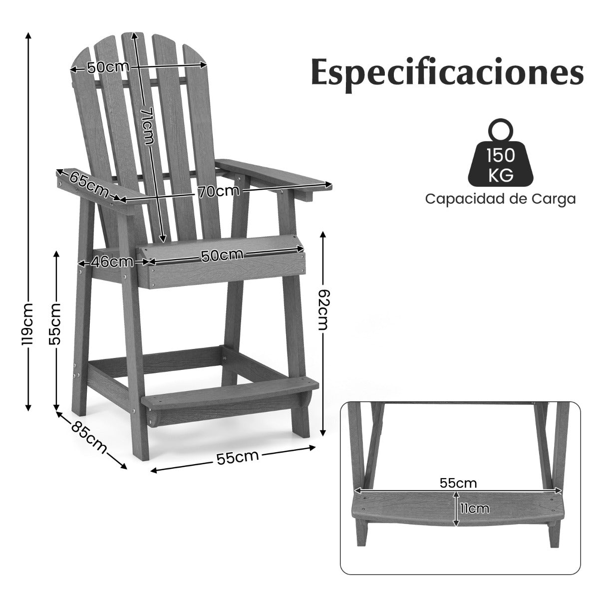Silla de Patio de HDPE con Reposabrazos Reposapiés Silla Alta Adirondack Taburete de Bar Alta para Jardín Piscina 70 x 85 x 119 cm Gris