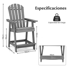 Silla de Patio de HDPE con Reposabrazos Reposapiés Silla Alta Adirondack Taburete de Bar Alta para Jardín Piscina 70 x 85 x 119 cm Gris