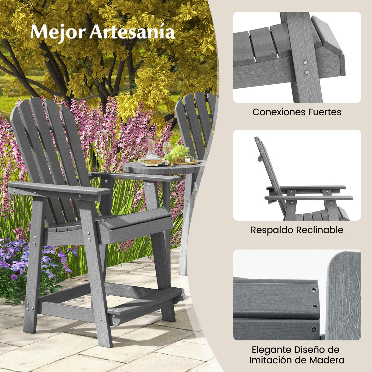 Silla de Patio de HDPE con Reposabrazos Reposapiés Silla Alta Adirondack Taburete de Bar Alta para Jardín Piscina 70 x 85 x 119 cm Gris