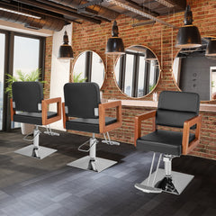 Silla de Peluquero Hidráulica de 95-110 cm con Apoyabrazos de Madera Giro de 360° Ajuste de Altura y Bomba Hidráulica para Salón Negro