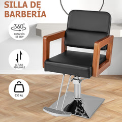 Silla de Peluquero Hidráulica de 95-110 cm con Apoyabrazos de Madera Giro de 360° Ajuste de Altura y Bomba Hidráulica para Salón Negro