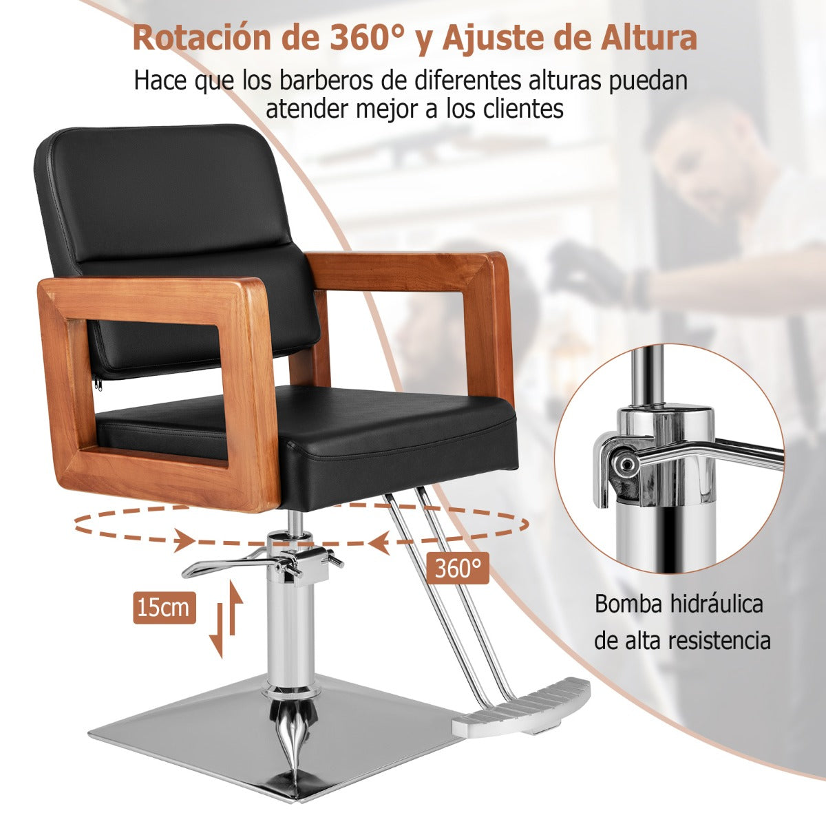 Silla de Peluquero Hidráulica de 95-110 cm con Apoyabrazos de Madera Giro de 360° Ajuste de Altura y Bomba Hidráulica para Salón Negro