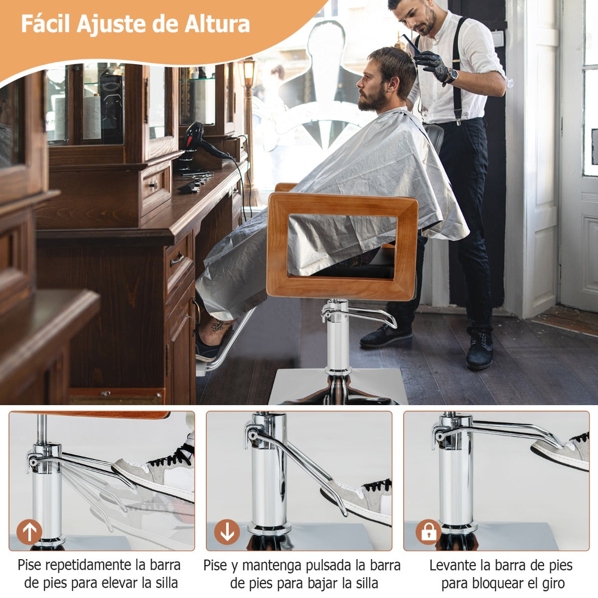 Silla de Peluquero Hidráulica de 95-110 cm con Apoyabrazos de Madera Giro de 360° Ajuste de Altura y Bomba Hidráulica para Salón Negro