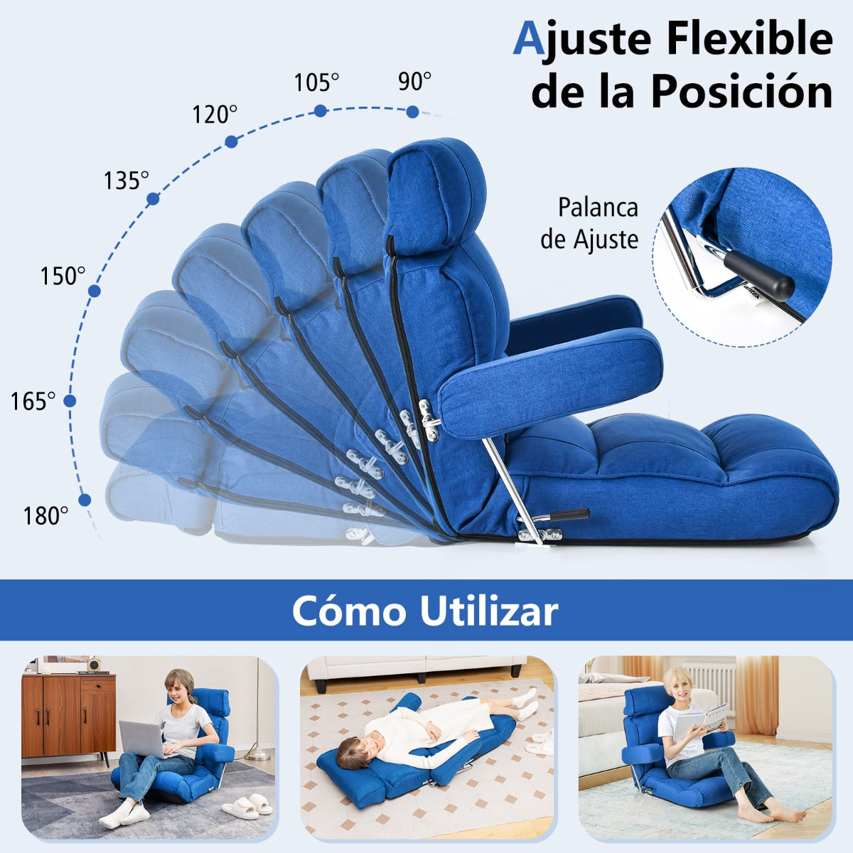 Silla de Sofá Plegable de Suelo Sillón Ergonómico con Respaldo de Ajuste Sin Escalas Reposacabezas/Lumbar Ajustable en 6 Posiciones Azul