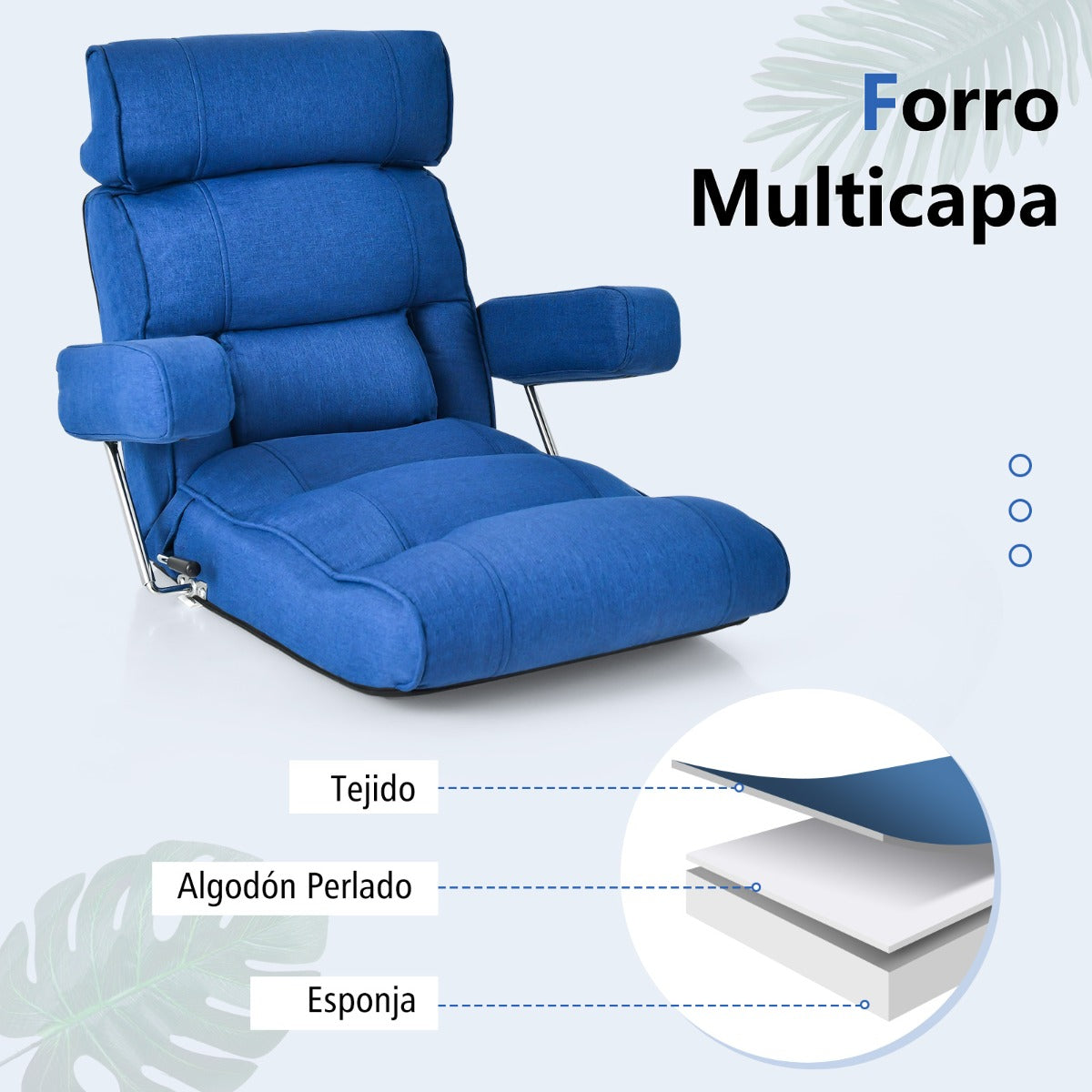 Silla de Sofá Plegable de Suelo Sillón Ergonómico con Respaldo de Ajuste Sin Escalas Reposacabezas/Lumbar Ajustable en 6 Posiciones Azul