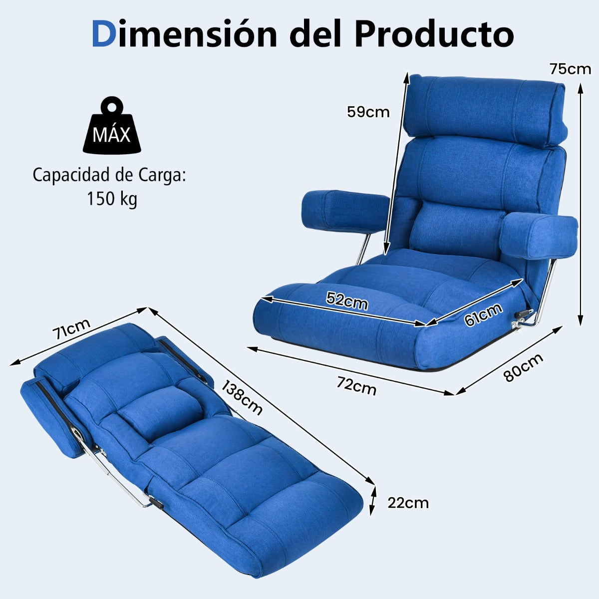 Silla de Sofá Plegable de Suelo Sillón Ergonómico con Respaldo de Ajuste Sin Escalas Reposacabezas/Lumbar Ajustable en 6 Posiciones Azul