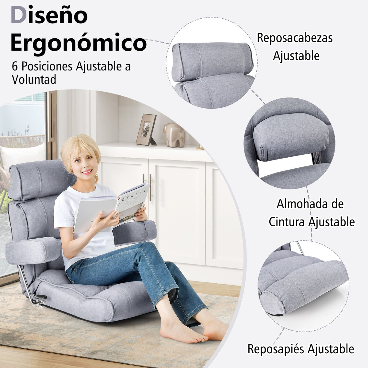 Silla de Sofá Plegable de Suelo Sillón Ergonómico con Respaldo de Ajuste Sin Escalas Reposacabezas/Lumbar Ajustable en 6 Posiciones Gris