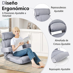 Silla de Sofá Plegable de Suelo Sillón Ergonómico con Respaldo de Ajuste Sin Escalas Reposacabezas/Lumbar Ajustable en 6 Posiciones Gris