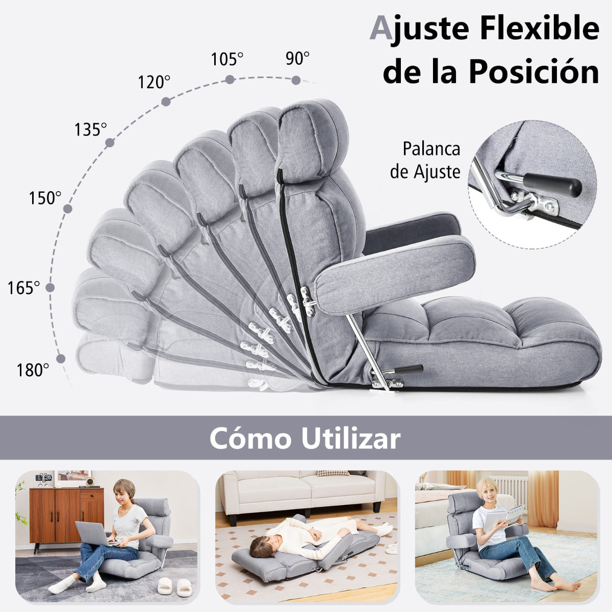 Silla de Sofá Plegable de Suelo Sillón Ergonómico con Respaldo de Ajuste Sin Escalas Reposacabezas/Lumbar Ajustable en 6 Posiciones Gris