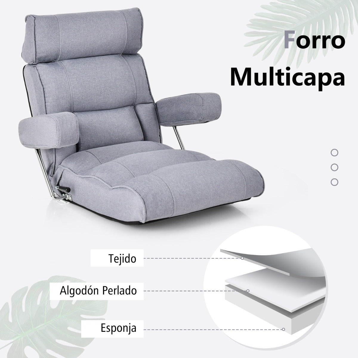 Silla de Sofá Plegable de Suelo Sillón Ergonómico con Respaldo de Ajuste Sin Escalas Reposacabezas/Lumbar Ajustable en 6 Posiciones Gris