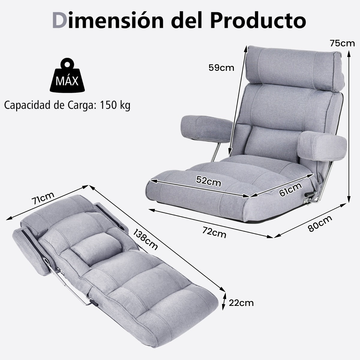Silla de Sofá Plegable de Suelo Sillón Ergonómico con Respaldo de Ajuste Sin Escalas Reposacabezas/Lumbar Ajustable en 6 Posiciones Gris