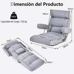 Silla de Sofá Plegable de Suelo Sillón Ergonómico con Respaldo de Ajuste Sin Escalas Reposacabezas/Lumbar Ajustable en 6 Posiciones Gris