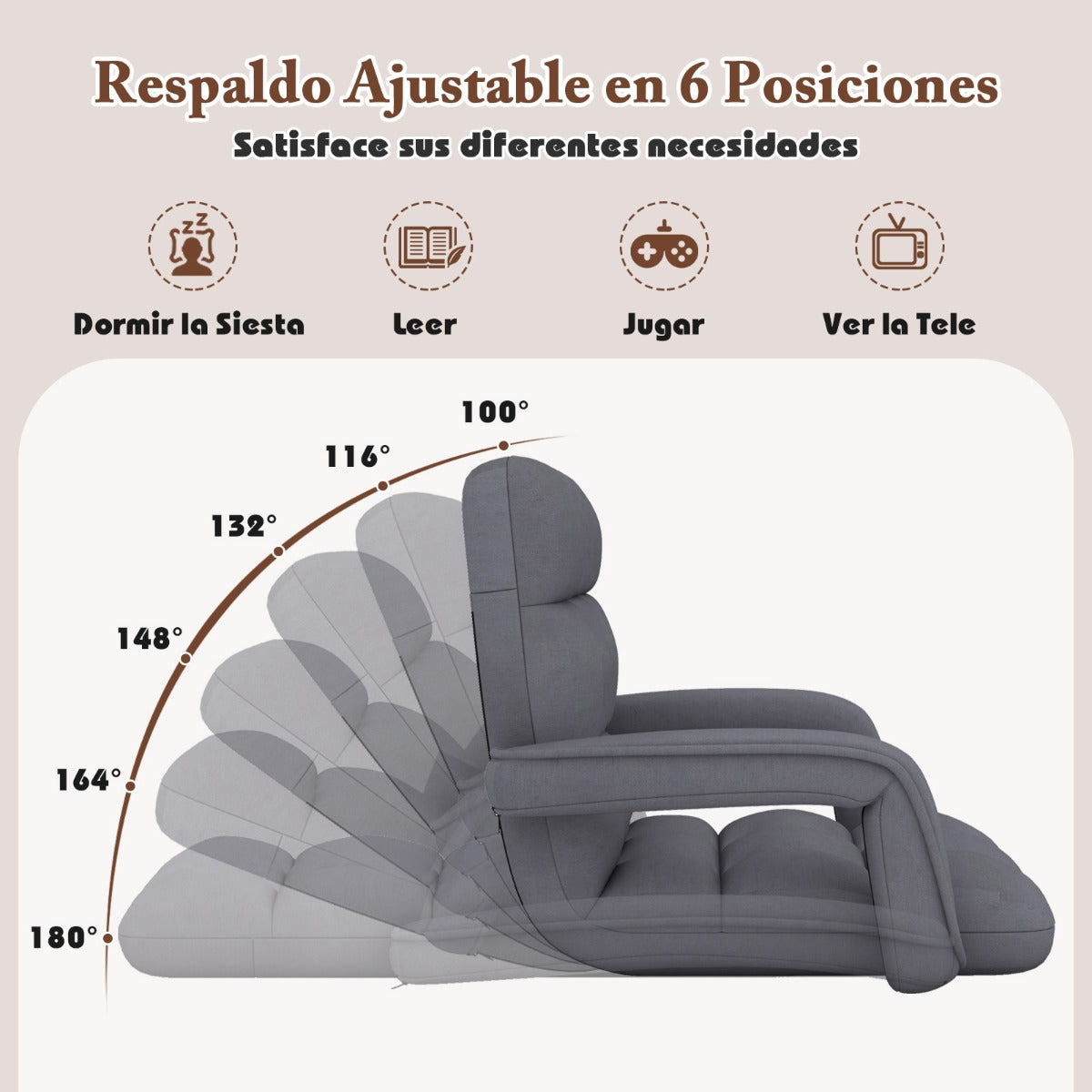 Silla de Juego de Suelo para Adultos con Soporte para Espalda Sillón Plegable Ajustable en 6 Posiciones con Reposabrazos Silla de Ocio Gris