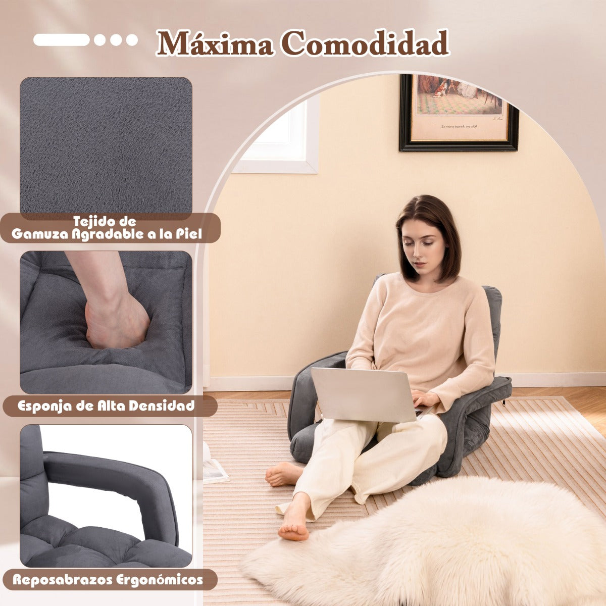 Silla de Juego de Suelo para Adultos con Soporte para Espalda Sillón Plegable Ajustable en 6 Posiciones con Reposabrazos Silla de Ocio Gris
