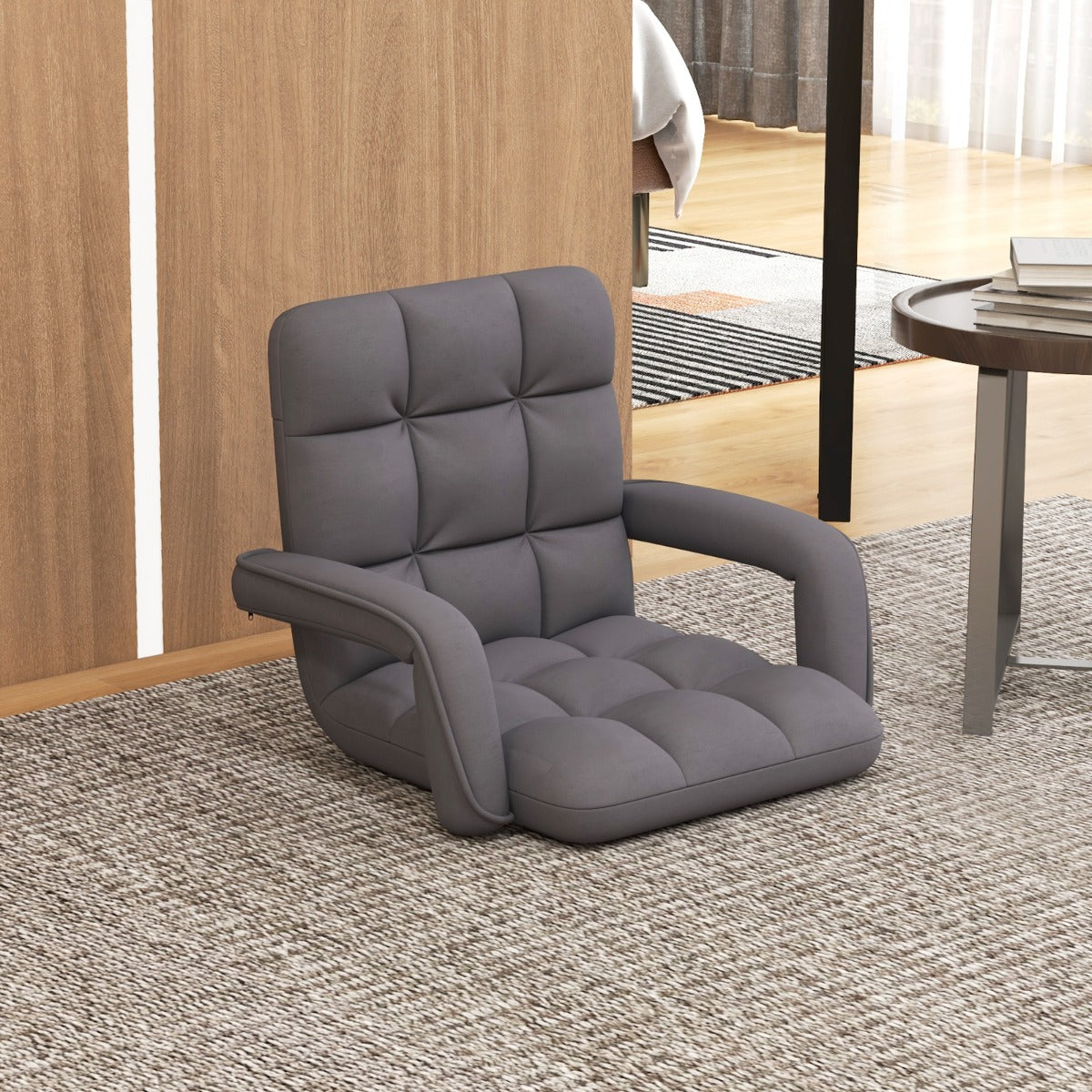 Silla de Juego de Suelo para Adultos con Soporte para Espalda Sillón Plegable Ajustable en 6 Posiciones con Reposabrazos Silla de Ocio Gris