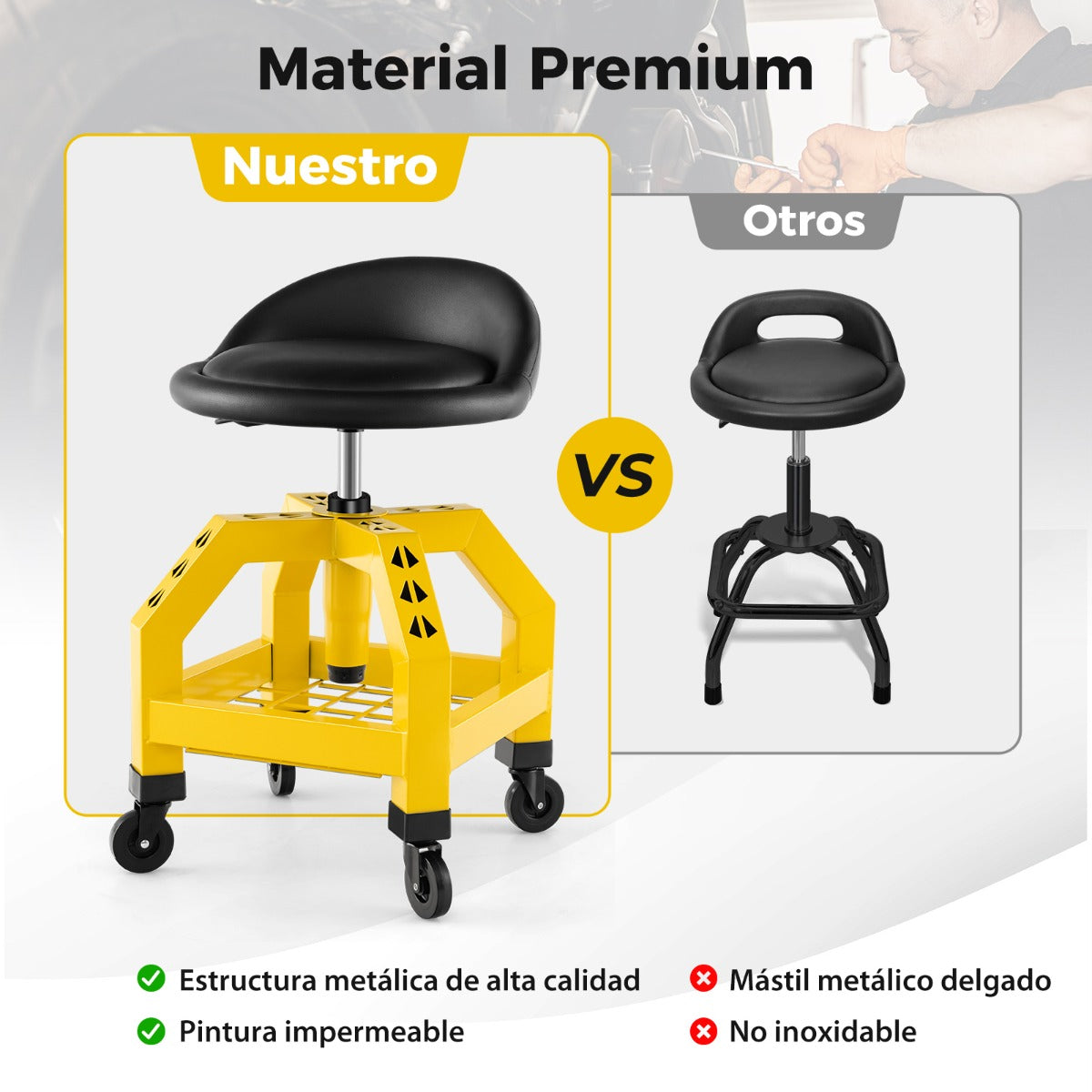 Taburete Mecánico Asiento Rodante Silla de Trabajo Ajustable con Bandeja para Herramientas Carga 150 kg para Fábrica Garaje Taller Amarillo