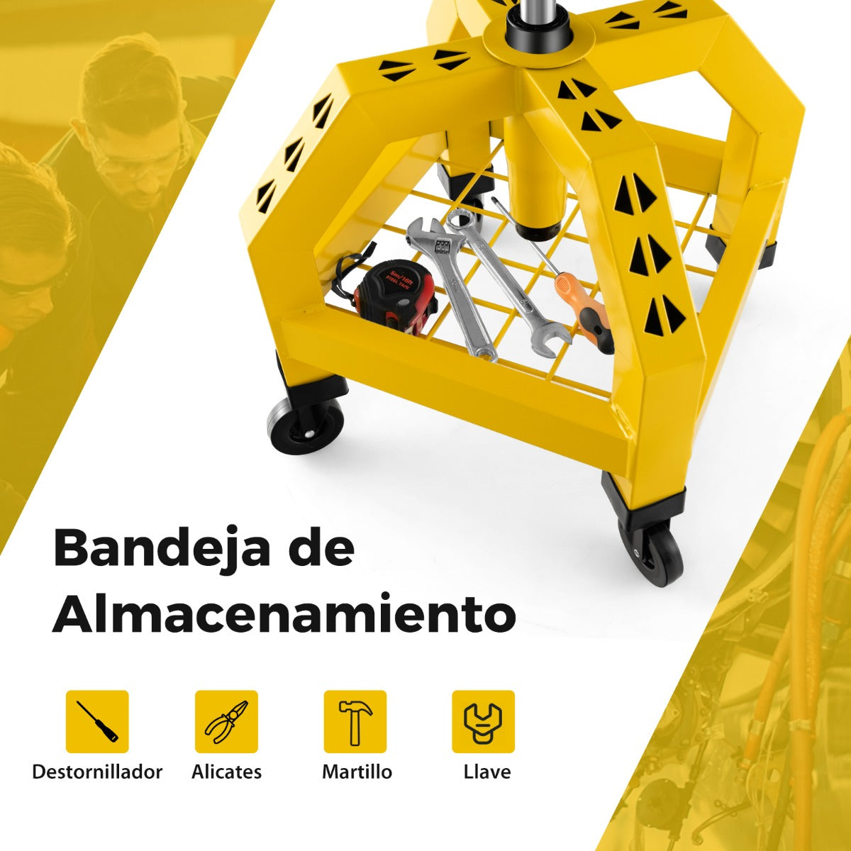 Taburete Mecánico Asiento Rodante Silla de Trabajo Ajustable con Bandeja para Herramientas Carga 150 kg para Fábrica Garaje Taller Amarillo