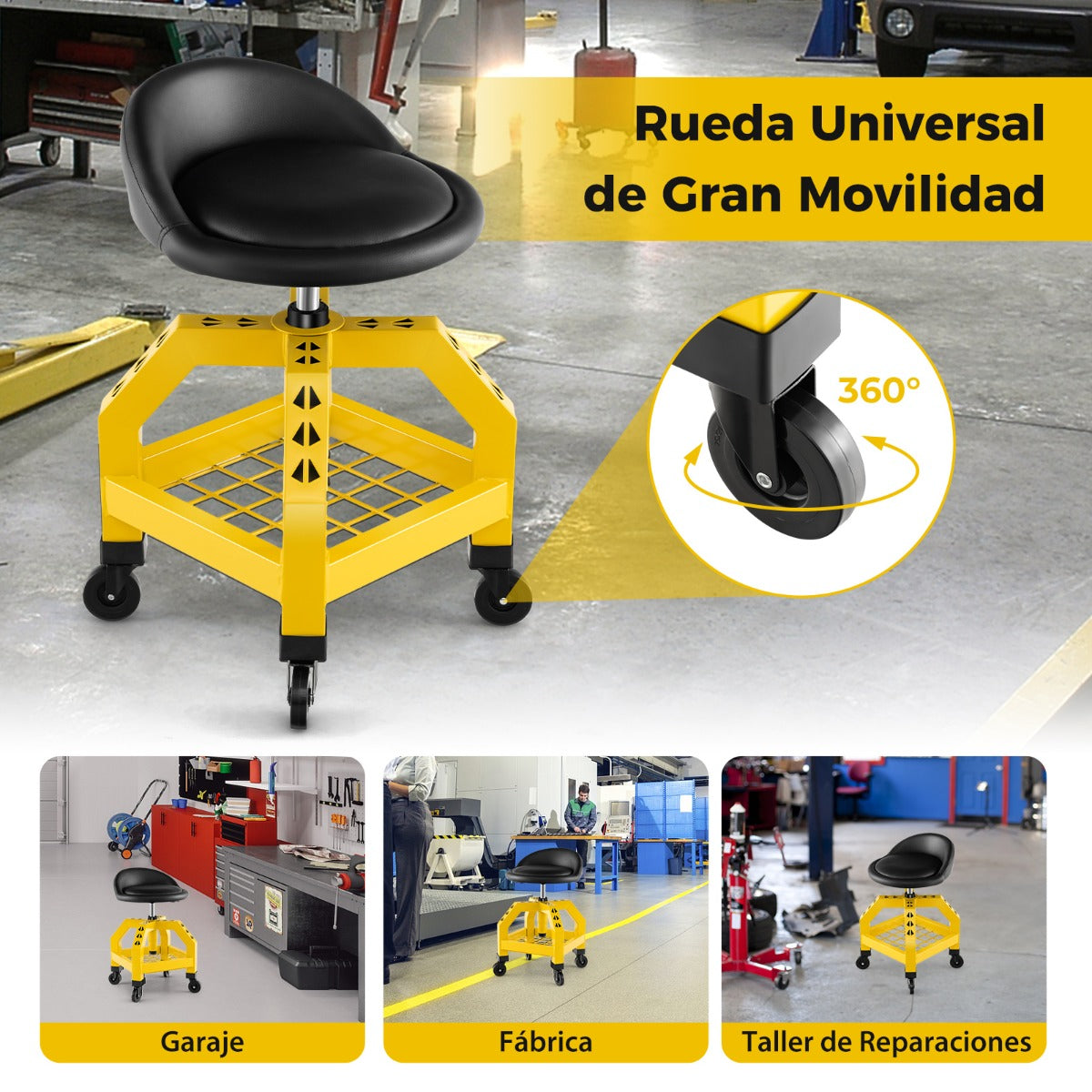 Taburete Mecánico Asiento Rodante Silla de Trabajo Ajustable con Bandeja para Herramientas Carga 150 kg para Fábrica Garaje Taller Amarillo
