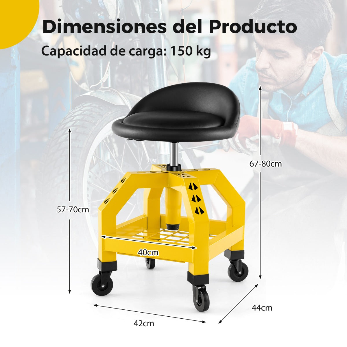 Taburete Mecánico Asiento Rodante Silla de Trabajo Ajustable con Bandeja para Herramientas Carga 150 kg para Fábrica Garaje Taller Amarillo