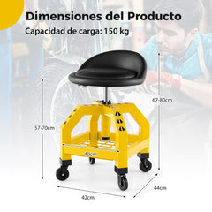 Taburete Mecánico Asiento Rodante Silla de Trabajo Ajustable con Bandeja para Herramientas Carga 150 kg para Fábrica Garaje Taller Amarillo