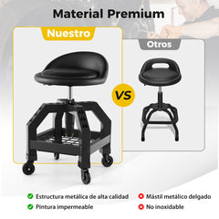 Taburete Mecánico Asiento Rodante Silla de Trabajo Ajustable con Bandeja para Herramientas Carga 150 kg para Fábrica Garaje Taller Negro