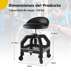 Taburete Mecánico Asiento Rodante Silla de Trabajo Ajustable con Bandeja para Herramientas Carga 150 kg para Fábrica Garaje Taller Negro