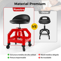 Taburete Mecánico Asiento Rodante Silla de Trabajo Ajustable con Bandeja para Herramientas Carga 150 kg para Fábrica Garaje Taller Rojo