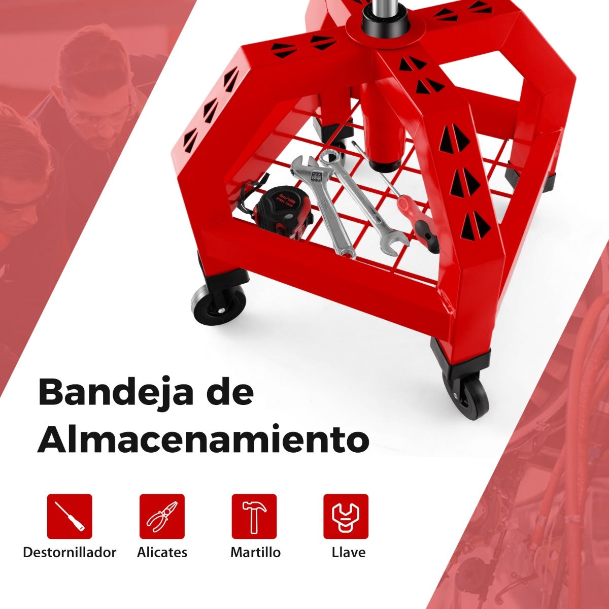 Taburete Mecánico Asiento Rodante Silla de Trabajo Ajustable con Bandeja para Herramientas Carga 150 kg para Fábrica Garaje Taller Rojo