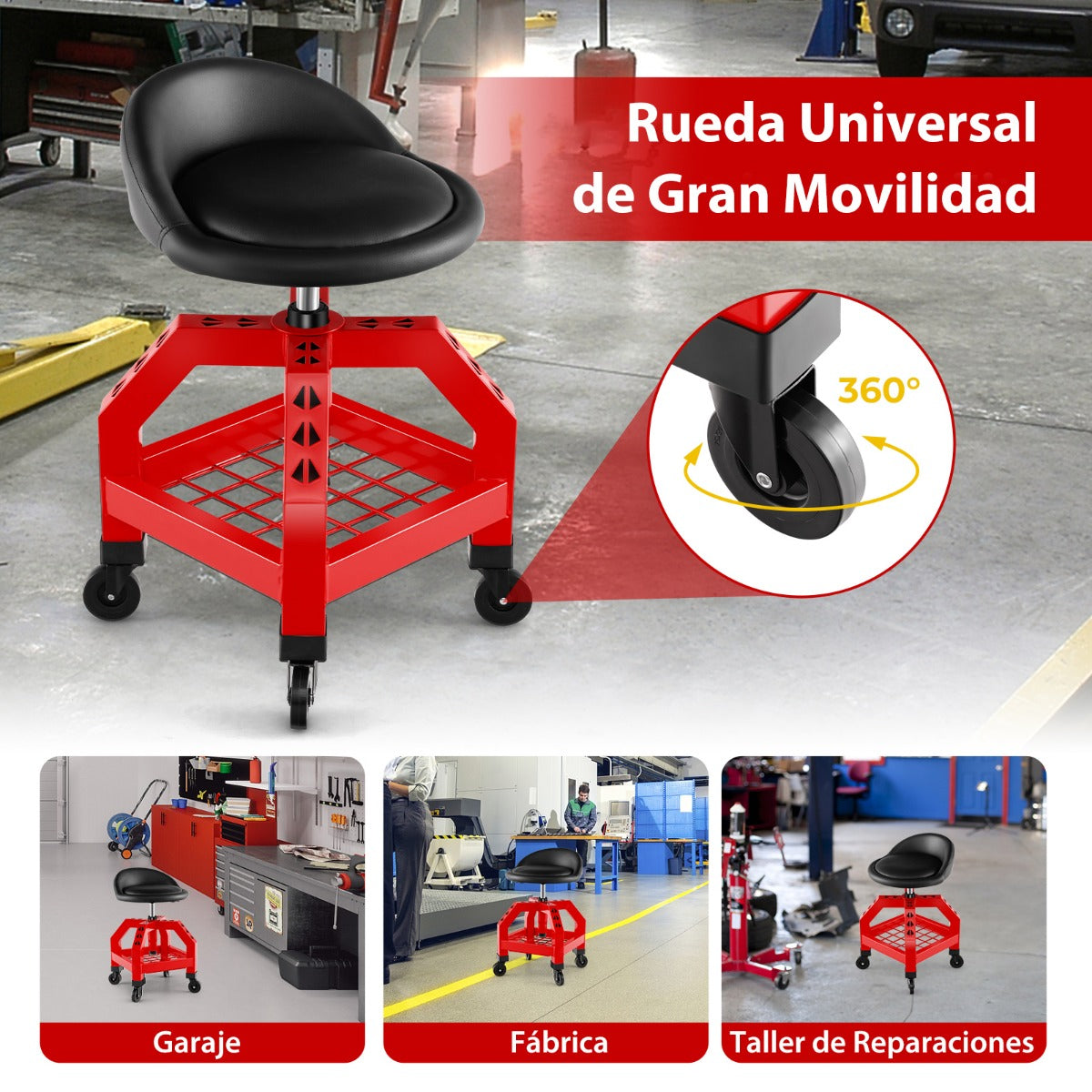 Taburete Mecánico Asiento Rodante Silla de Trabajo Ajustable con Bandeja para Herramientas Carga 150 kg para Fábrica Garaje Taller Rojo