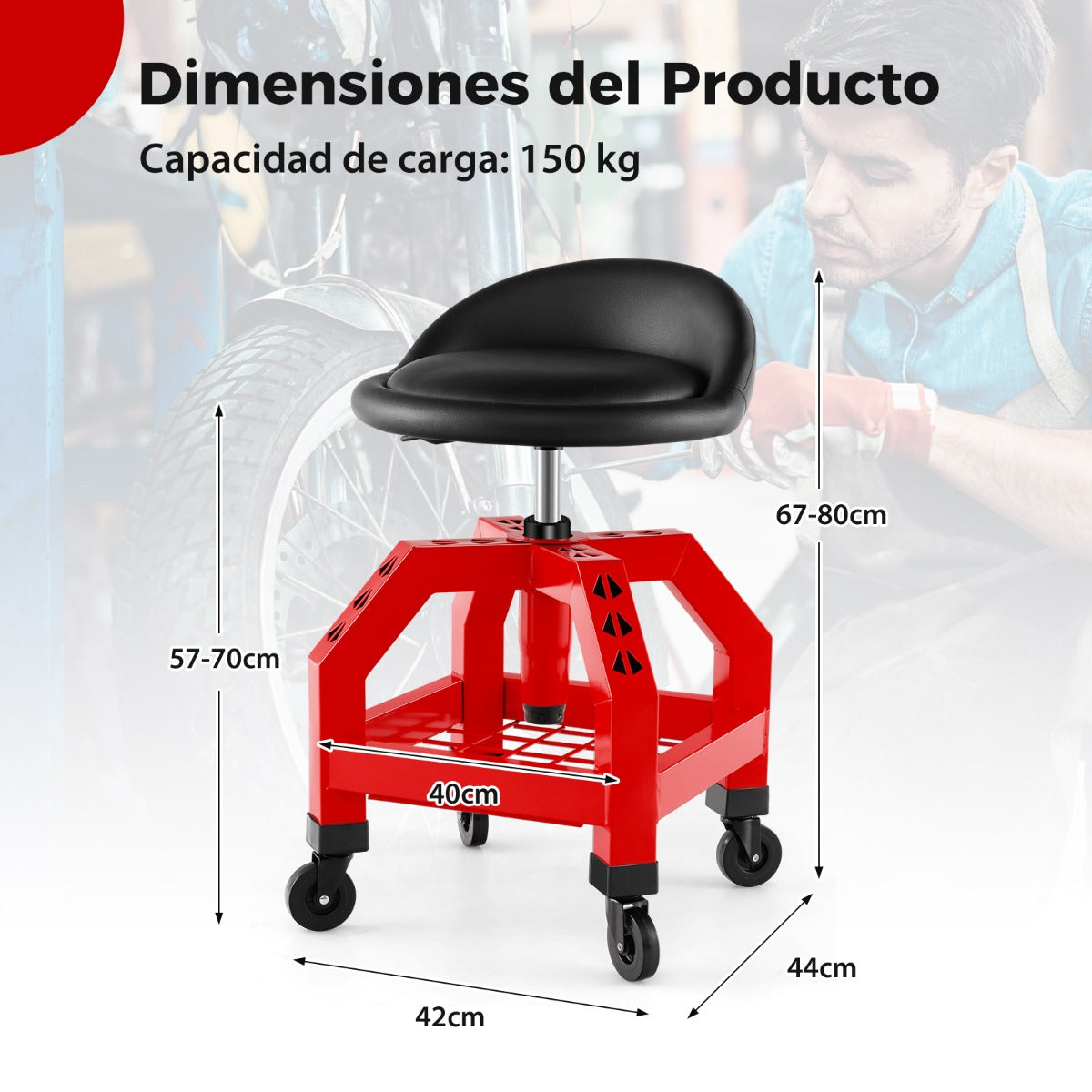 Taburete Mecánico Asiento Rodante Silla de Trabajo Ajustable con Bandeja para Herramientas Carga 150 kg para Fábrica Garaje Taller Rojo