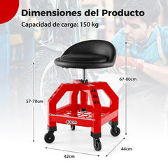 Taburete Mecánico Asiento Rodante Silla de Trabajo Ajustable con Bandeja para Herramientas Carga 150 kg para Fábrica Garaje Taller Rojo