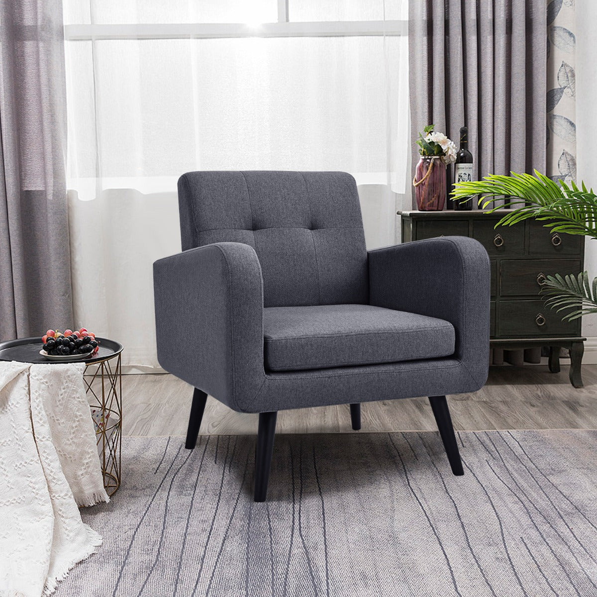 Silla Decorativa Tapizada Moderna con Patas de Madera de Caucho y Reposabrazos de Tela de Lino para Sala de Estar Dormitorio Oficina Gris