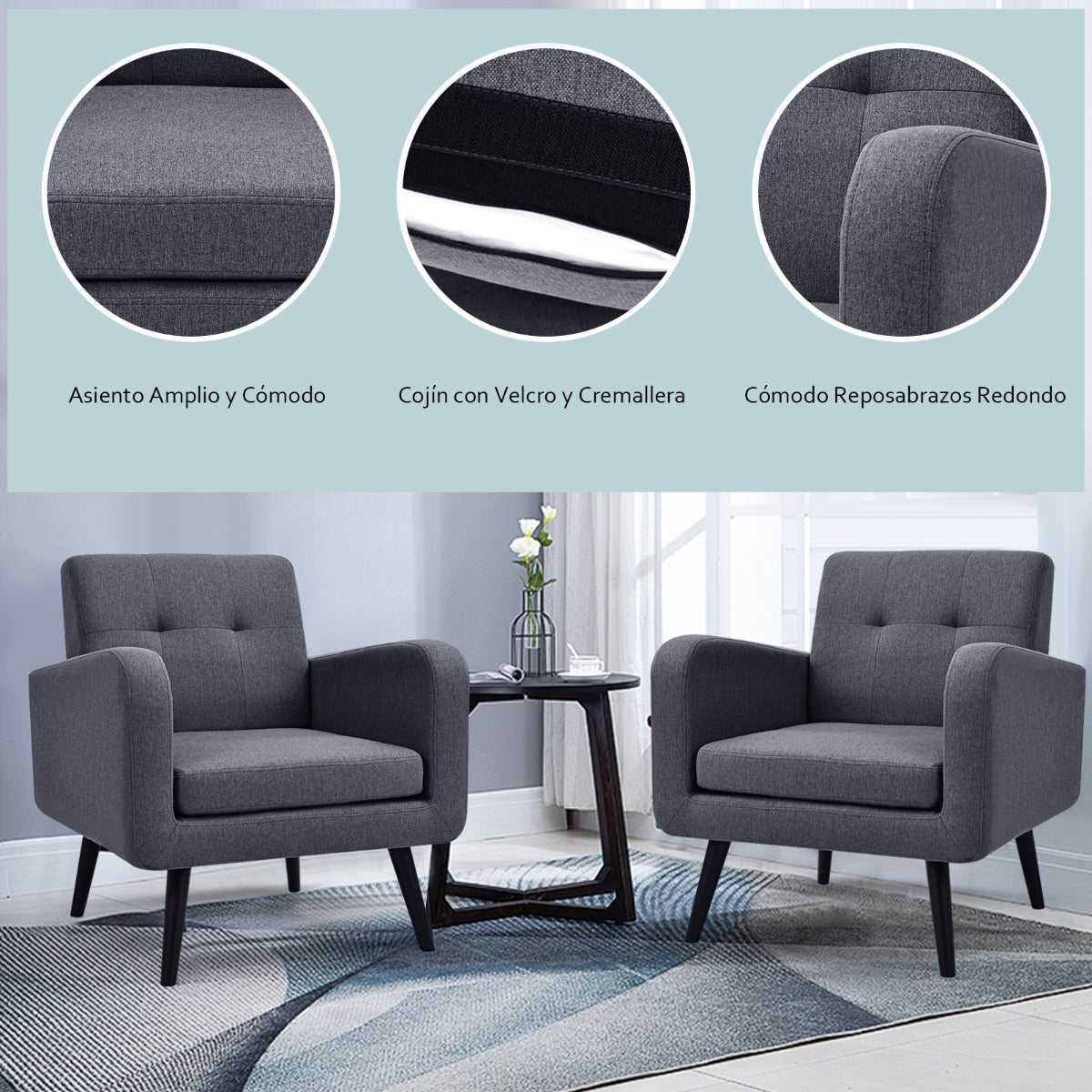 Silla Decorativa Tapizada Moderna con Patas de Madera de Caucho y Reposabrazos de Tela de Lino para Sala de Estar Dormitorio Oficina Gris