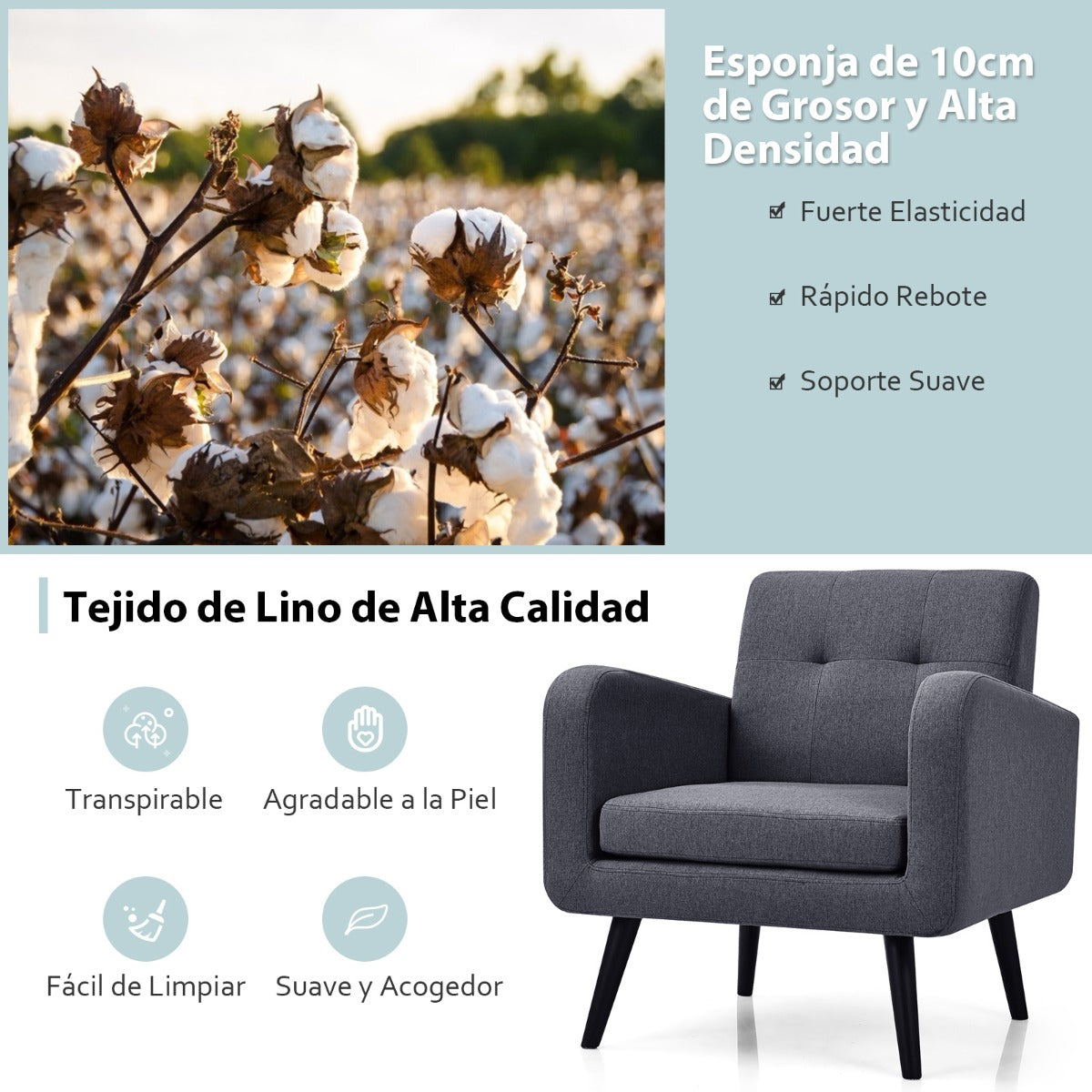 Silla Decorativa Tapizada Moderna con Patas de Madera de Caucho y Reposabrazos de Tela de Lino para Sala de Estar Dormitorio Oficina Gris