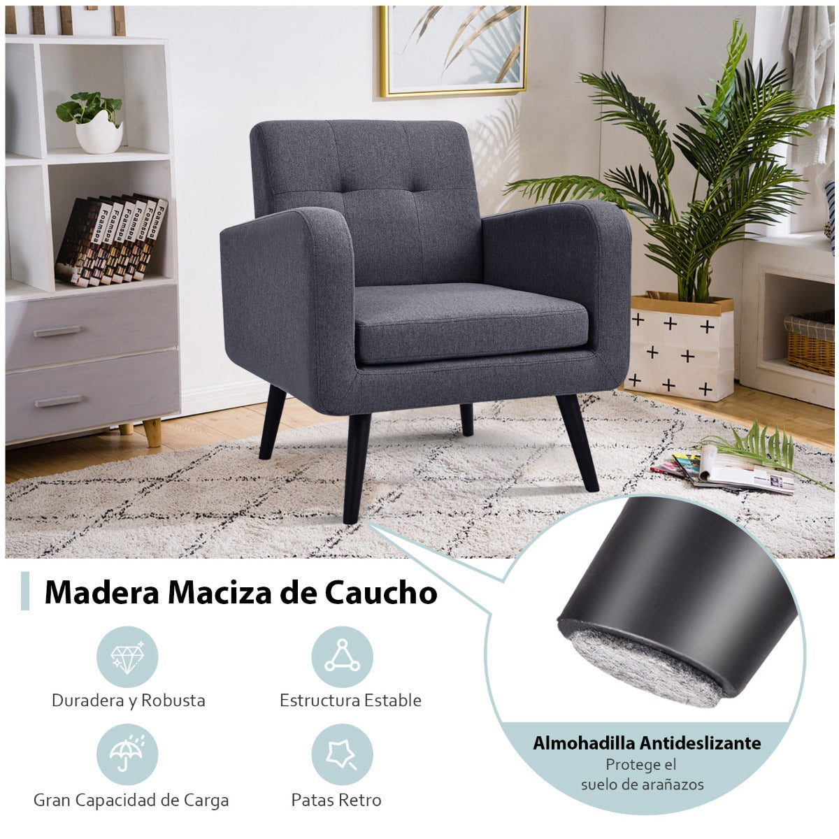 Silla Decorativa Tapizada Moderna con Patas de Madera de Caucho y Reposabrazos de Tela de Lino para Sala de Estar Dormitorio Oficina Gris