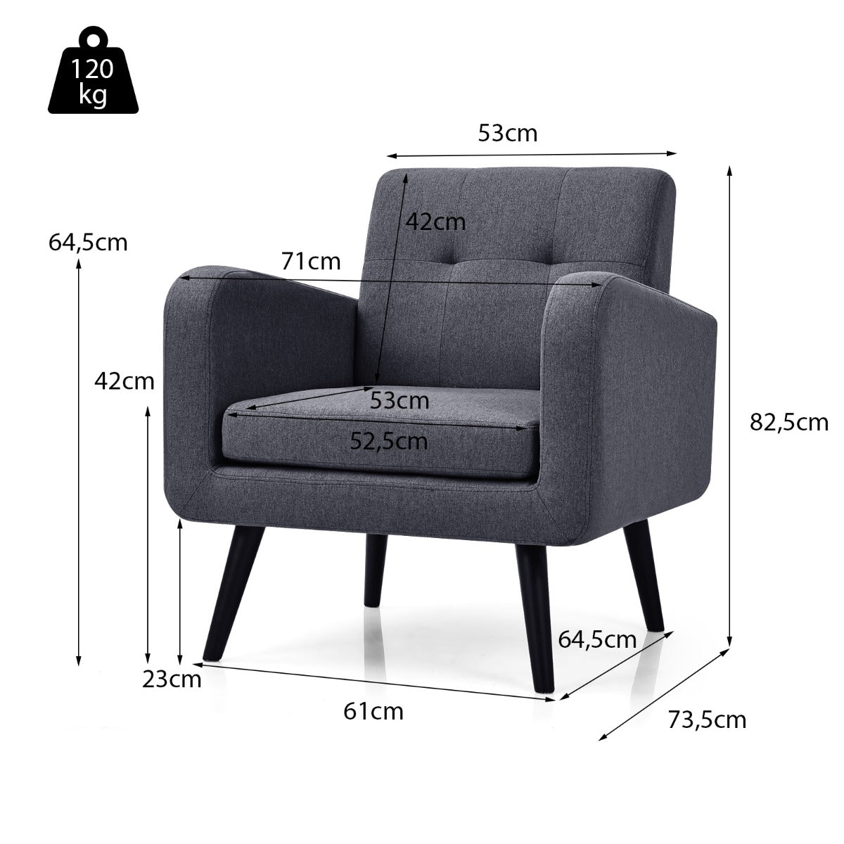 Silla Decorativa Tapizada Moderna con Patas de Madera de Caucho y Reposabrazos de Tela de Lino para Sala de Estar Dormitorio Oficina Gris