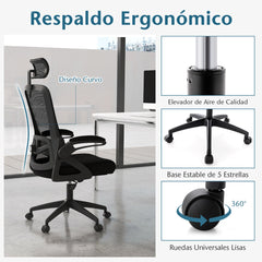 Silla Ergonómica con Soporte Lumbar Ajustable Respaldo Mecedor Reposacabezas Abatibles Silla Ejecutiva de Malla para Oficina Negro