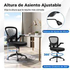 Silla Escritorio de Oficina Ergonómic de Malla con Reposabrazos Abatibles Soporte Lumbar Ajustable y Respaldo Mecedor de 90°-120° Negro