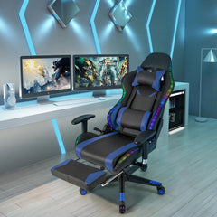 Silla Gaming con Luces LED RGB Silla Giratoria de Oficina Ergonómica con Altura Ajustable Respaldo Reposabrazos Reposapiés Retráctil Azul