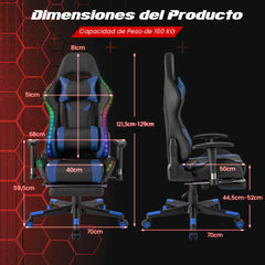 Silla Gaming con Luces LED RGB Silla Giratoria de Oficina Ergonómica con Altura Ajustable Respaldo Reposabrazos Reposapiés Retráctil Azul