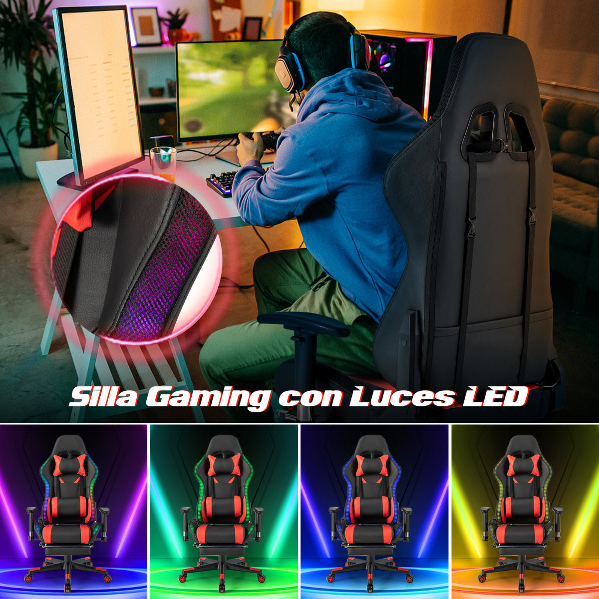 Silla Gaming con Luces LED RGB Silla Giratoria de Oficina Ergonómica con Altura Ajustable Respaldo Reposabrazos Reposapiés Retráctil Rojo