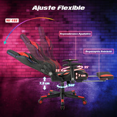 Silla Gaming con Luces LED RGB Silla Giratoria de Oficina Ergonómica con Altura Ajustable Respaldo Reposabrazos Reposapiés Retráctil Rojo