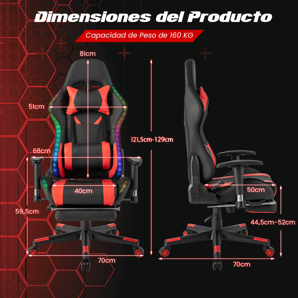 Silla Gaming con Luces LED RGB Silla Giratoria de Oficina Ergonómica con Altura Ajustable Respaldo Reposabrazos Reposapiés Retráctil Rojo