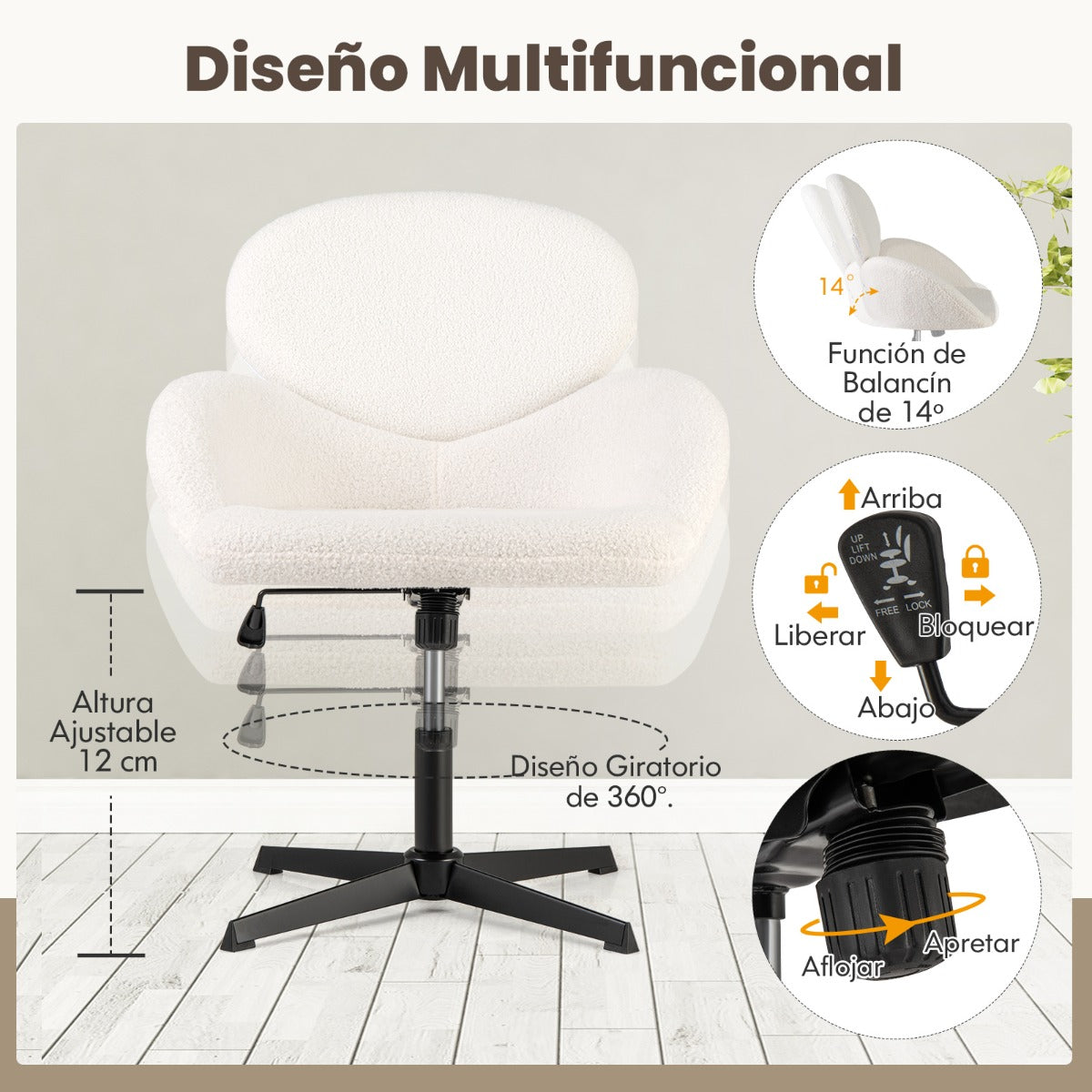 Silla Giratoria con Patas Cruzadas Altura Ajustable y Función de Balanceo Base de Metal Resistente 72 x 71 x 84-96 cm Blanco