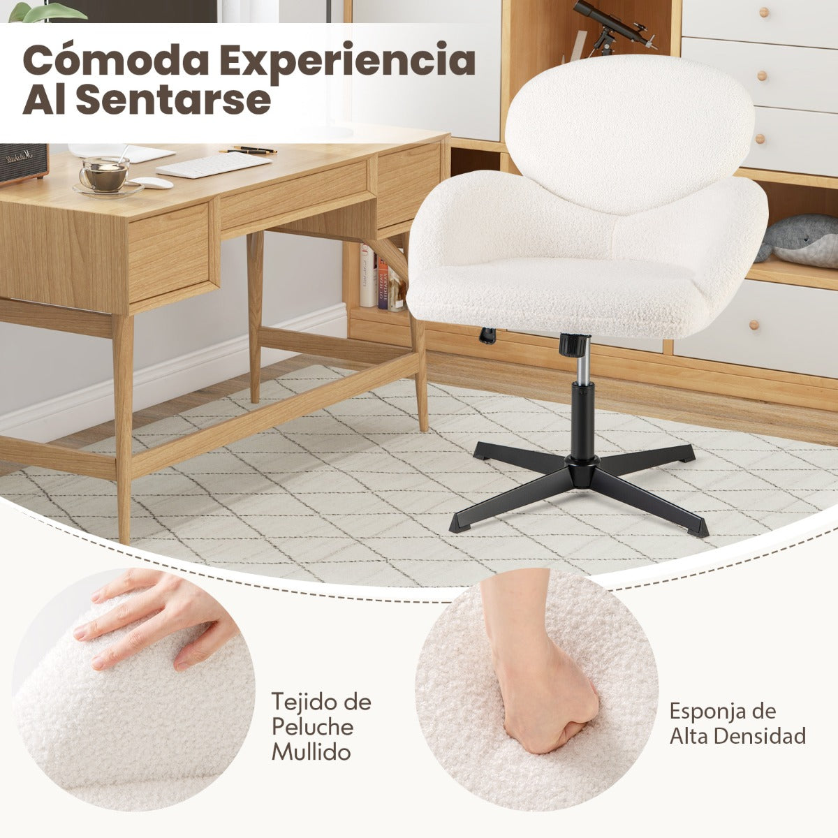 Silla Giratoria con Patas Cruzadas Altura Ajustable y Función de Balanceo Base de Metal Resistente 72 x 71 x 84-96 cm Blanco
