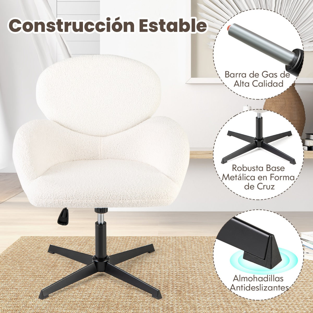 Silla Giratoria con Patas Cruzadas Altura Ajustable y Función de Balanceo Base de Metal Resistente 72 x 71 x 84-96 cm Blanco