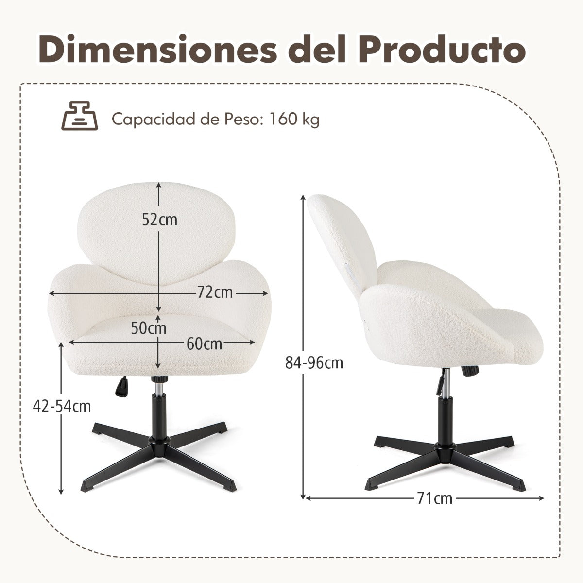 Silla Giratoria con Patas Cruzadas Altura Ajustable y Función de Balanceo Base de Metal Resistente 72 x 71 x 84-96 cm Blanco