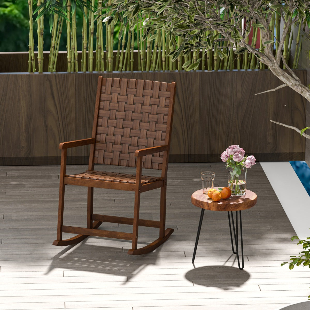 Silla Mecedora de Jardín con Asiento de PU y Marco de Madera Silla Mecedora Ergonómica para Porche Patio y Balcón 80 x 56 x 106 cm Marrón