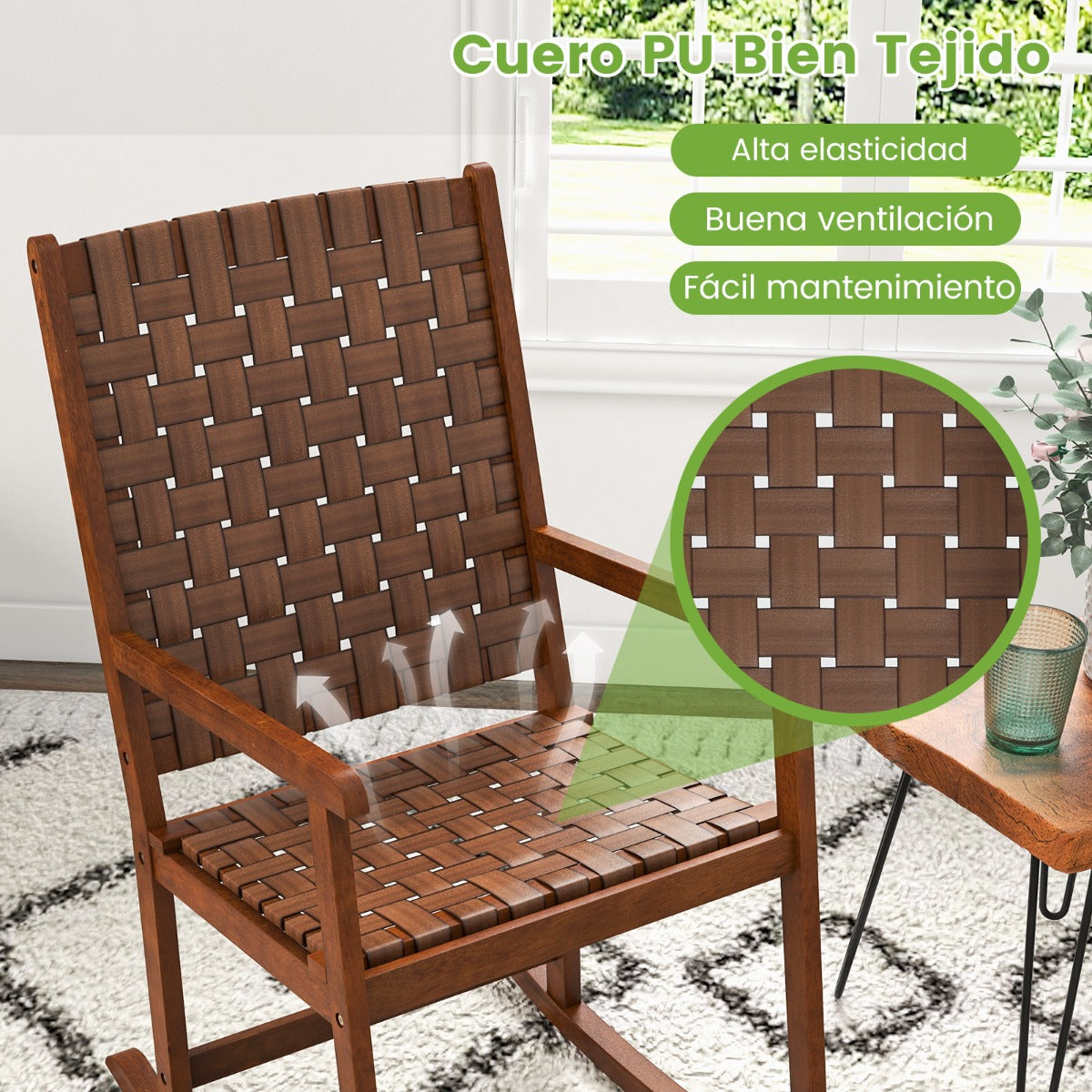 Silla Mecedora de Jardín con Asiento de PU y Marco de Madera Silla Mecedora Ergonómica para Porche Patio y Balcón 80 x 56 x 106 cm Marrón
